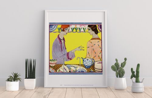 Kitchen, Washing, Up, Two People, Pots And Plates, Yellow Background Within A Frame - 11X14” Premium Art Print