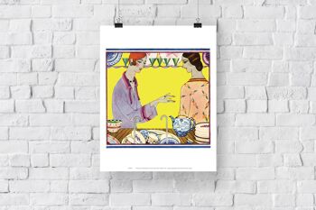 Cuisine, vaisselle, haut, deux personnes, casseroles et assiettes, fond jaune dans un cadre - 11X14" Premium Art Print 3