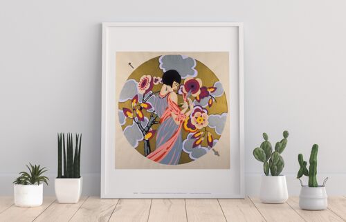 Asian Styled Artwork, Gold Background, Flowers, Lady In A Dress Holding A Bird - 11X14” Premium Art Print