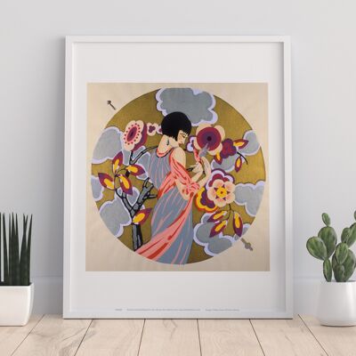 Kunstwerk im asiatischen Stil, goldener Hintergrund, Blumen, Dame in einem Kleid, das einen Vogel hält – 11 x 14 Zoll Premium-Kunstdruck