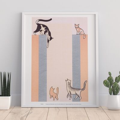 Fondo de color pastel, 4 gatos ilustrados, haciendo lo que hacen los gatos - Impresión de arte premium de 11X14"