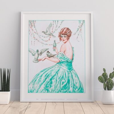 Cadena de flores, dama con un vestido verde, rodeada de palomas - Impresión de arte premium de 11X14"