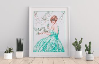 Chaîne de fleurs, dame vêtue d'une robe verte, entourée de pigeons - 11X14" Premium Art Print 1