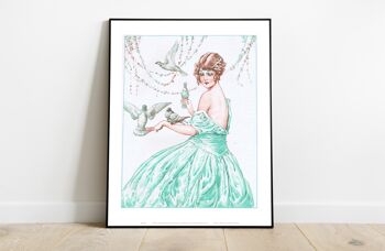 Chaîne de fleurs, dame vêtue d'une robe verte, entourée de pigeons - 11X14" Premium Art Print 2