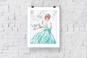 Chaîne de fleurs, dame vêtue d'une robe verte, entourée de pigeons - 11X14" Premium Art Print 3