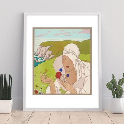 Cielos azules, pájaros, agua, acantilados, campos con flores, dama sosteniendo flores - 11X14" Premium Art Print