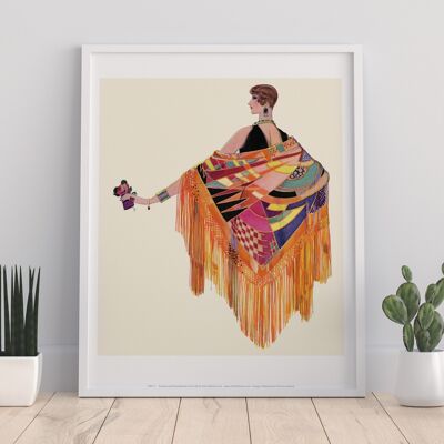 Ilustración de dama, envoltura colorida (poncho) - 11X14" Impresión de arte premium