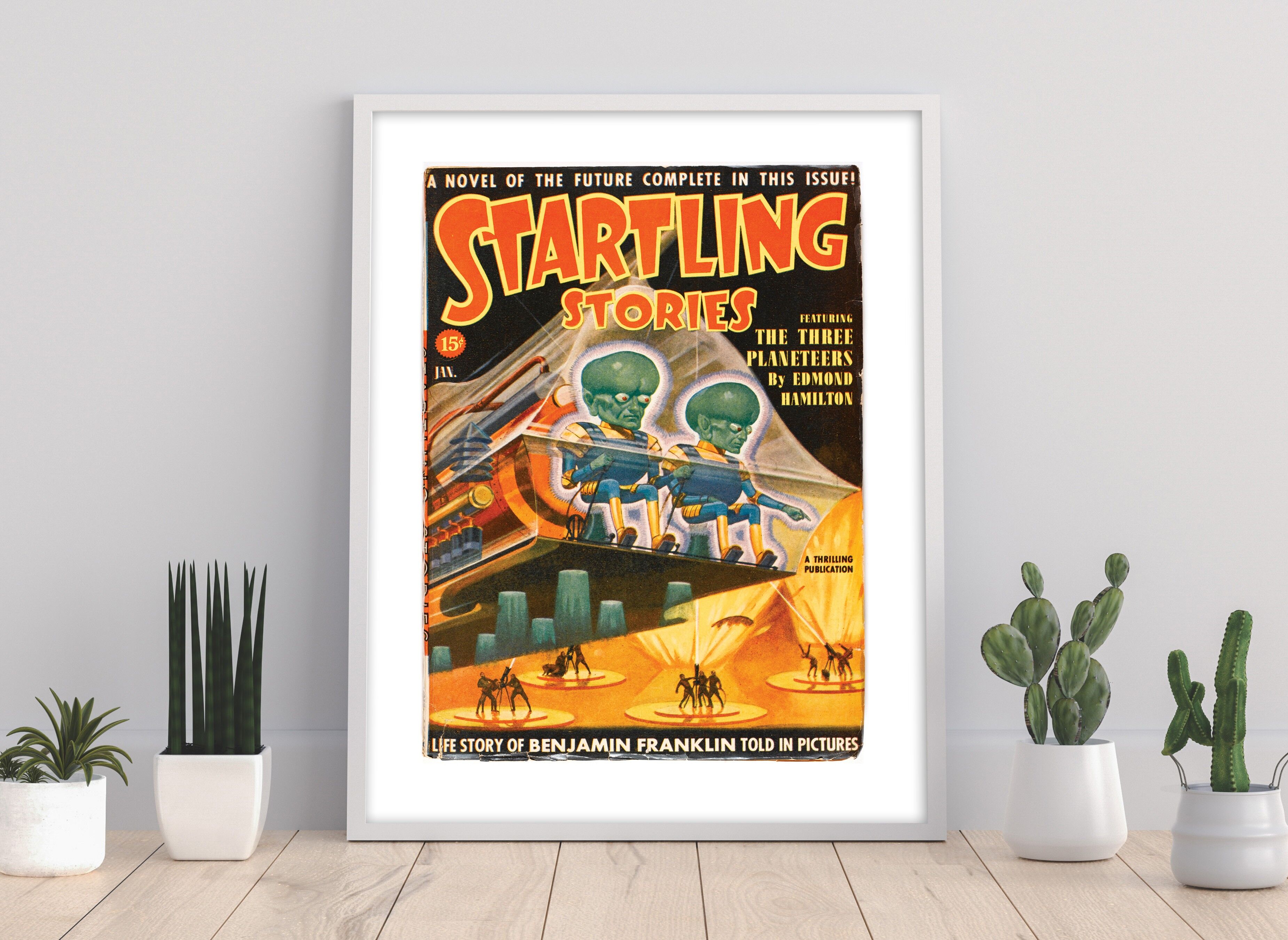 A Novel Of Th Future Complete in dieser Ausgabe, Starling Stories, Featuring The Three Planeteers by Edmond Hamilton, A Thrilling Publication – 11X14” Premium Art Print
