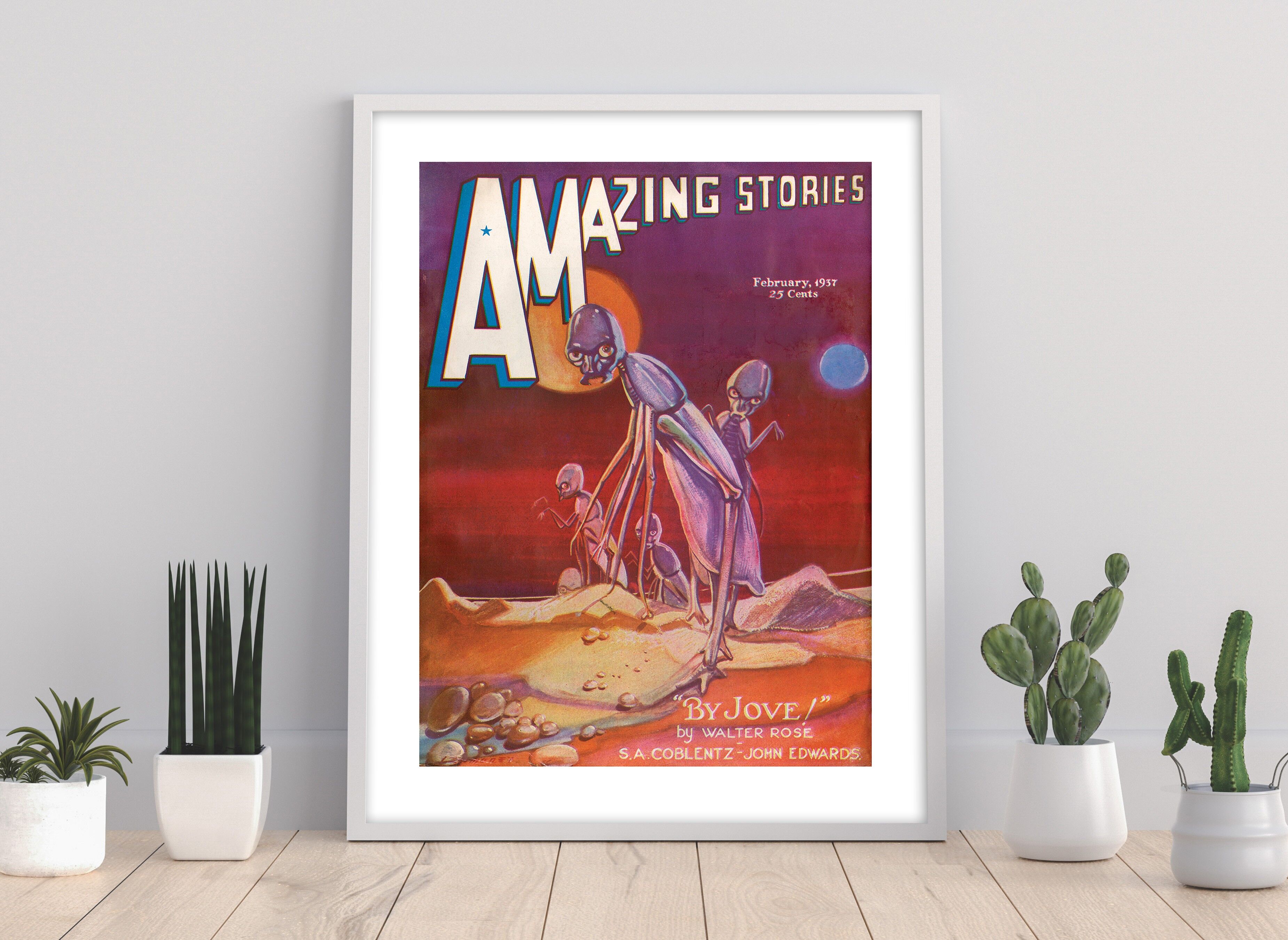 Amazing Stories, Februar 1937, 25 Cent, "By Jove!", By Water Rose, S.A.Coblentz-John Edwards. - Premium-Kunstdruck im Format 11 x 14 Zoll