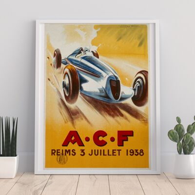 A.C.F Reims 3 Juillet 1938, Yellow Background, Blue Race Car, Signature Top Right Corner - 11X14” Premium Art Print
