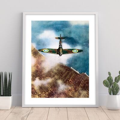Spitfire, Vogelperspektive, Land und Wasser – Premium-Kunstdruck im Format 11 x 14 Zoll