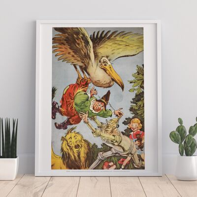 El espantapájaros llevado por un pelícano, león, hombre de hojalata, Dorothy, Toto - 11X14" Premium Art Print