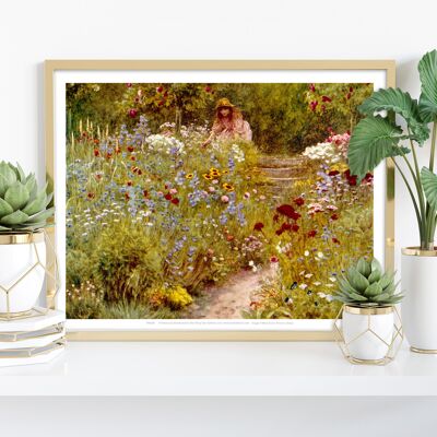 Jardín floral, dama con sombrero y vestido rosa, Desire Path - 11X14" Premium Art Print