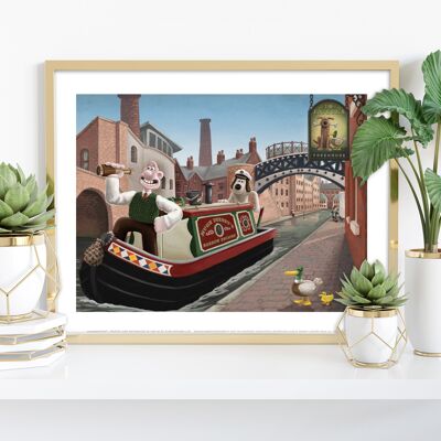 Wallace y Gromit disfrutando de un paseo en barco por los canales. Birmingham - Impresión de arte premium de 11X14"