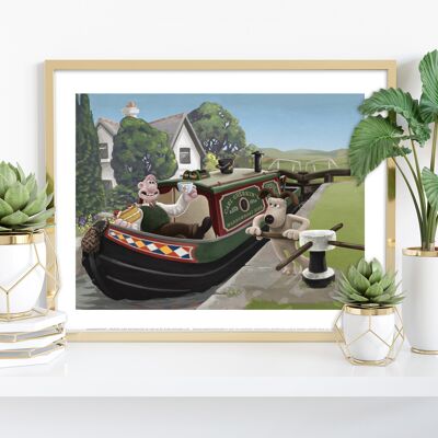 Wallace und Gromit genießen eine Bootsfahrt auf dem Kanal. Landschaft – Premium-Kunstdruck im Format 11 x 14 Zoll