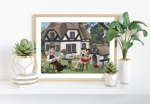 Wallace And Gromit Enjoying The Coutrysdie, Along With A Book And A Cup Of Tea. Thatched House - 11X14” Premium Art Print