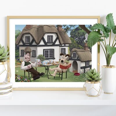 Wallace And Gromit Enjoying The Coutrysdie, Along With A Book And A Cup Of Tea. Thatched House - 11X14” Premium Art Print