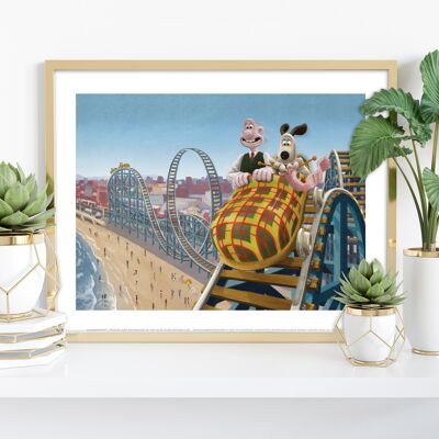 Gromit Extreme Knitting On A Rollercoaster, Wallace Enjoying The Ride – Premium-Kunstdruck, 27,9 x 35,6 cm