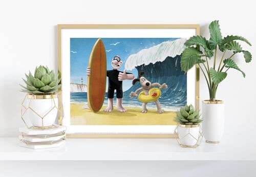Surfs Up. Wallace And Gromit Ready To Catch A Few Waves. Rubber Dingy, Surf Board - 11X14” Premium Art Print