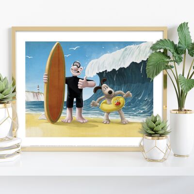 Surfs Up. Wallace And Gromit Ready To Catch A Few Waves. Rubber Dingy, Surf Board - 11X14” Premium Art Print
