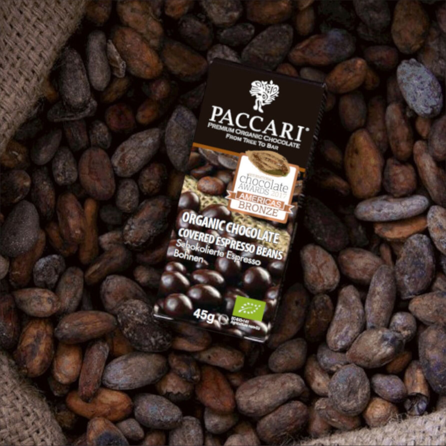 Organic chocolate coated coffee beans