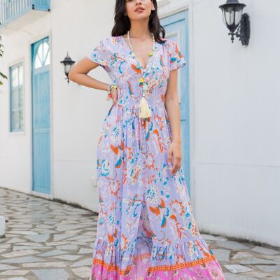 Robe longue à imprimé bohème boutonnée devant