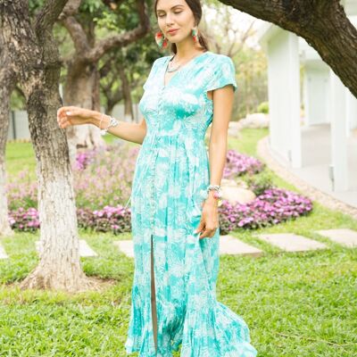 Long dress with bohemian print button front