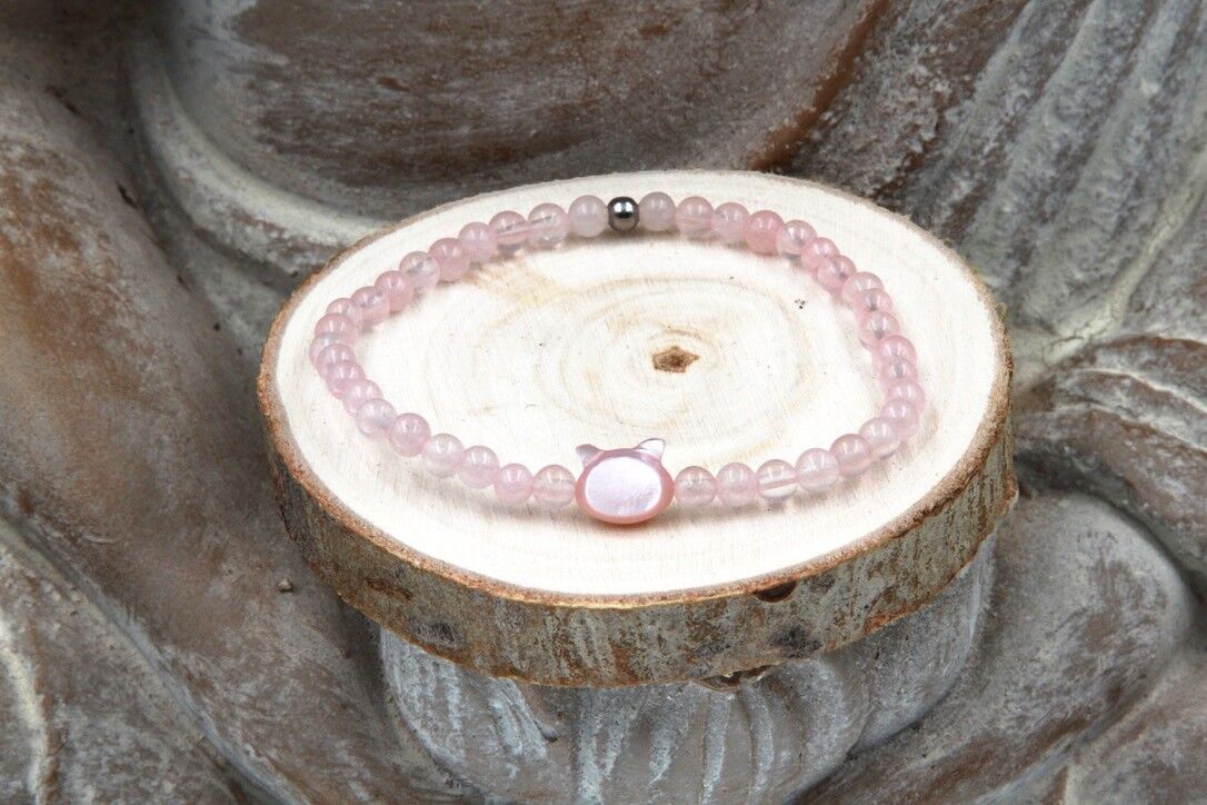 Bracciale gatto in madreperla e quarzo rosa