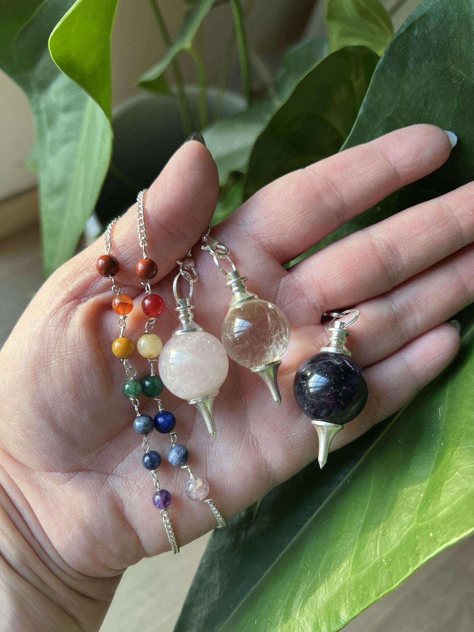 Stone pendulums Rose Quartz Pendulum - 7 chakras chain