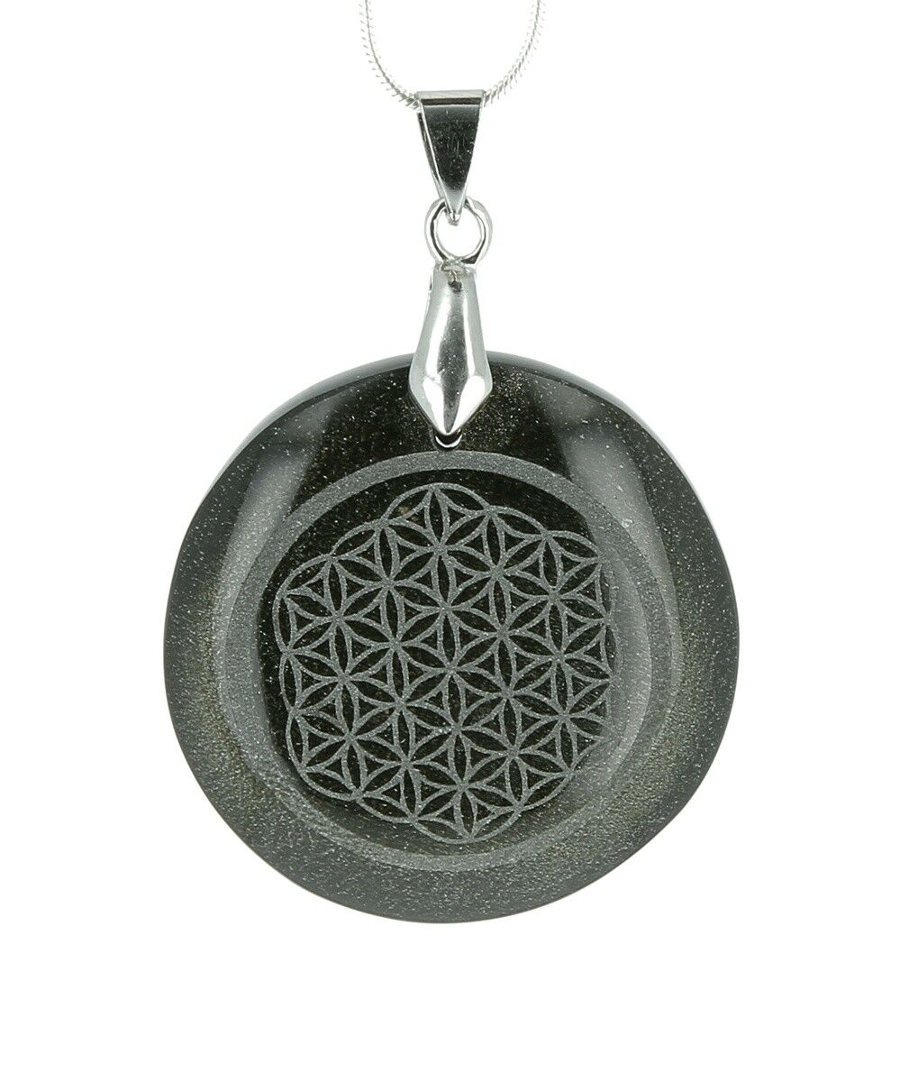 Golden obsidian pendant engraved flower of life Golden obsidian pendant