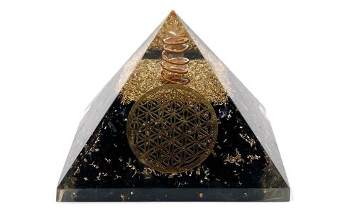 Pyramide d'Orgonite en tourmaline noire et fleur de vie