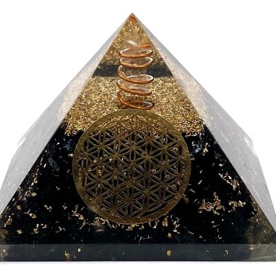 Orgonitpyramide in schwarzem Turmalin und Blume des Lebens