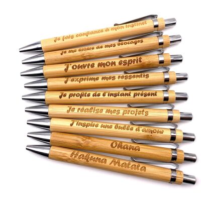 Bamboo wood ballpoint pen engraved Sacred Chakra: "I realize my projects"