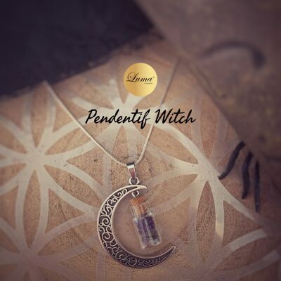 Witch pendant, moon and vial of crystals Witch pendant with amethyst