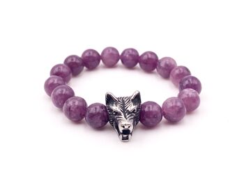 Bracelet Lépidolite Bracelet 8mm avec tête de loup en acier