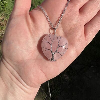 Pendentif Coeur quartz rose arbre de vie