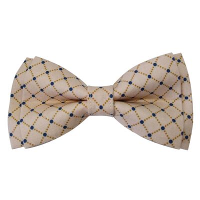 Pinkish beige bow tie with blue dots