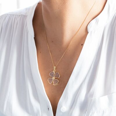 Delicate 4 Leaves Clover Pendants - Gold Plated - Clear Quartz - Harmony & Cleansing