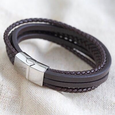 Men's Layered Vegan Leather Straps Bracelet in Brown - Medium