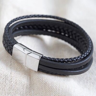 Bracelet à lanières en cuir végétalien superposé pour homme en noir - Moyen