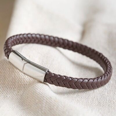 Bracelet Homme en Cuir Vegan Tissé Marron avec Fermoir Brillant - Grand