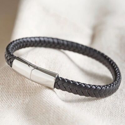 Men's Black Woven Vegan Leather Bracelet with Shiny Clasp - Medium