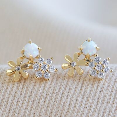 Boucles d'Oreilles Double Fleur avec Opale en Or