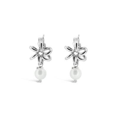 Daffodil Silver Flower Stud Earrings White Pearl