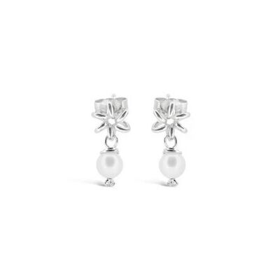 Daisy Flower Silver Stud Earrings White Pearl Drops