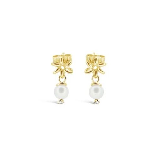 Daisy Flower Yellow Gold Stud Earrings White Pearl
