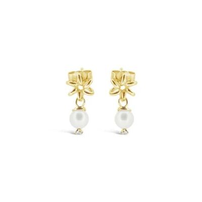 Boucles D'Oreilles Tiges Or Jaune Fleur Marguerite Perle Blanche