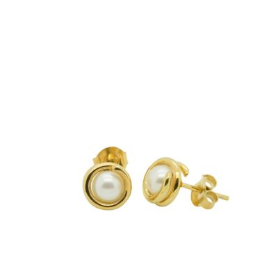 Pendientes de botón de oro amarillo con perla blanca