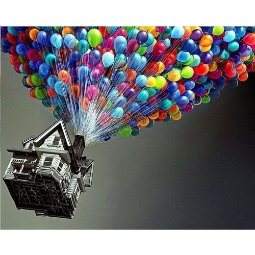 Diamond Painting House with Balloons, 38x30 cm, Round Drills