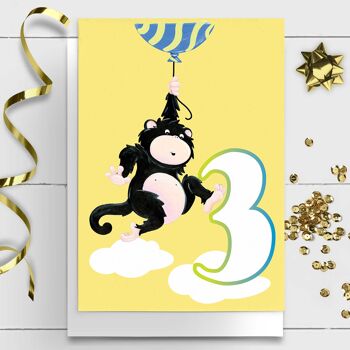 Carte d'anniversaire animaux | Carte Singe, 3 ans 1